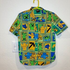 Minecraft Characters Pixel Print Button-Up Collared Shirt